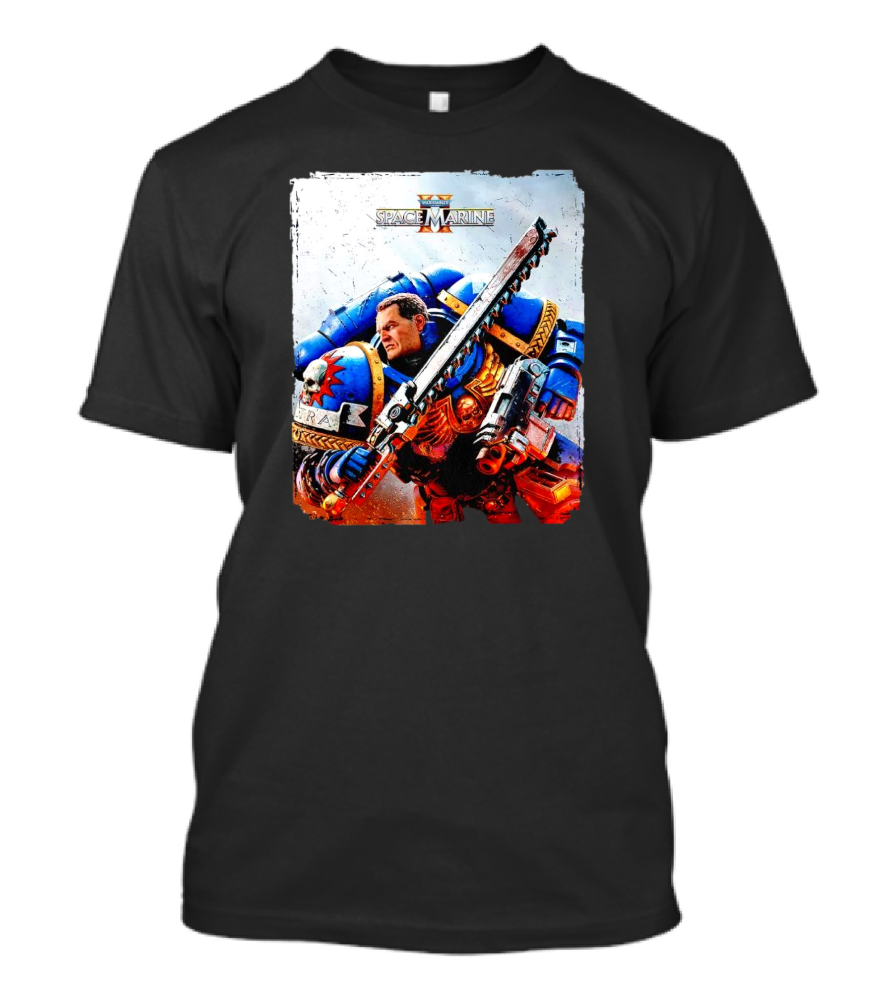 Warhammer 40000 Space Marine 2 Titus Game Art Ultramarine Warrior Battle Scene T-Shirt