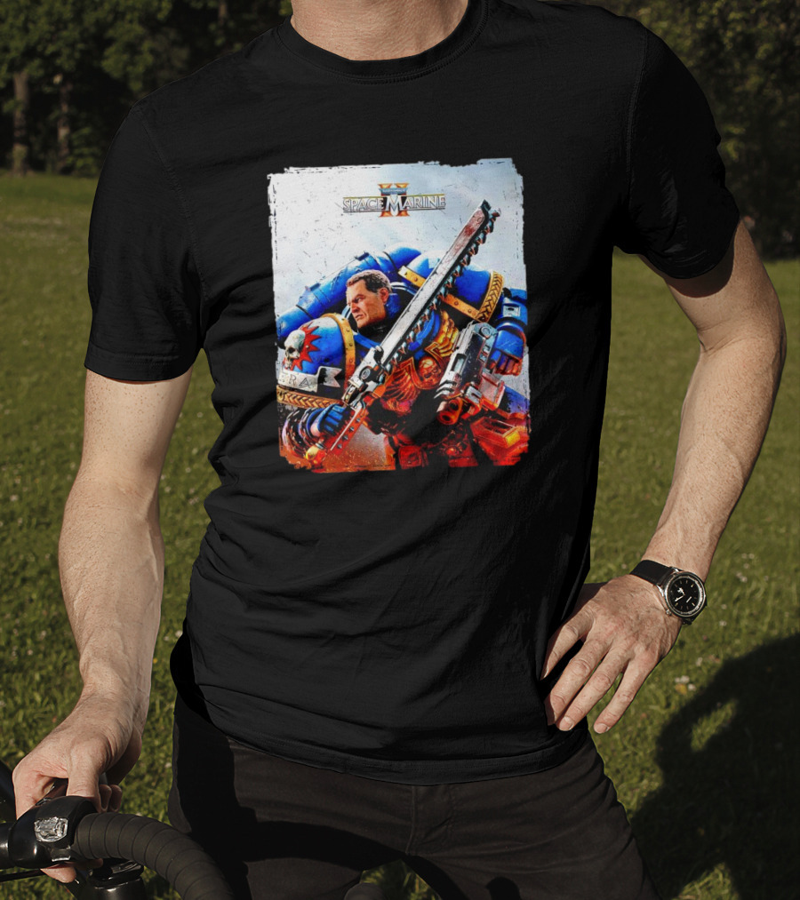 Warhammer 40000 Space Marine 2 Titus Game Art Ultramarine Warrior Battle Scene T-Shirt