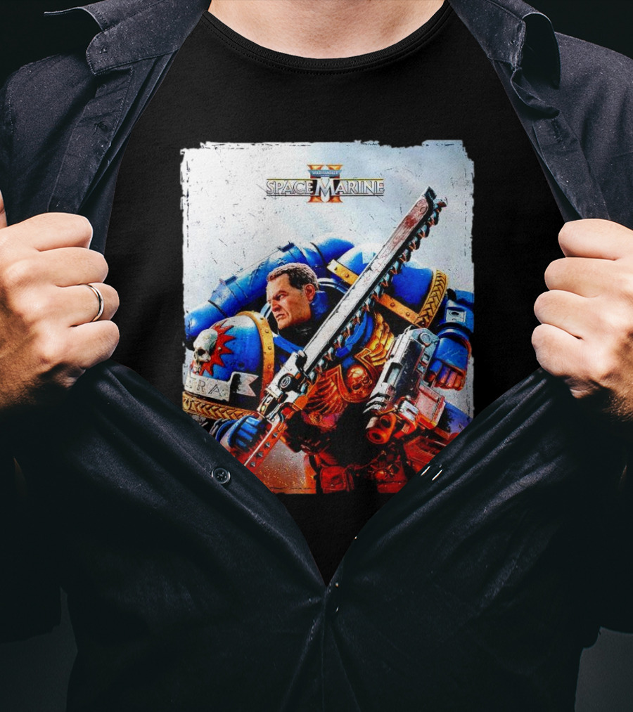 Warhammer 40000 Space Marine 2 Titus Game Art Ultramarine Warrior Battle Scene T-Shirt