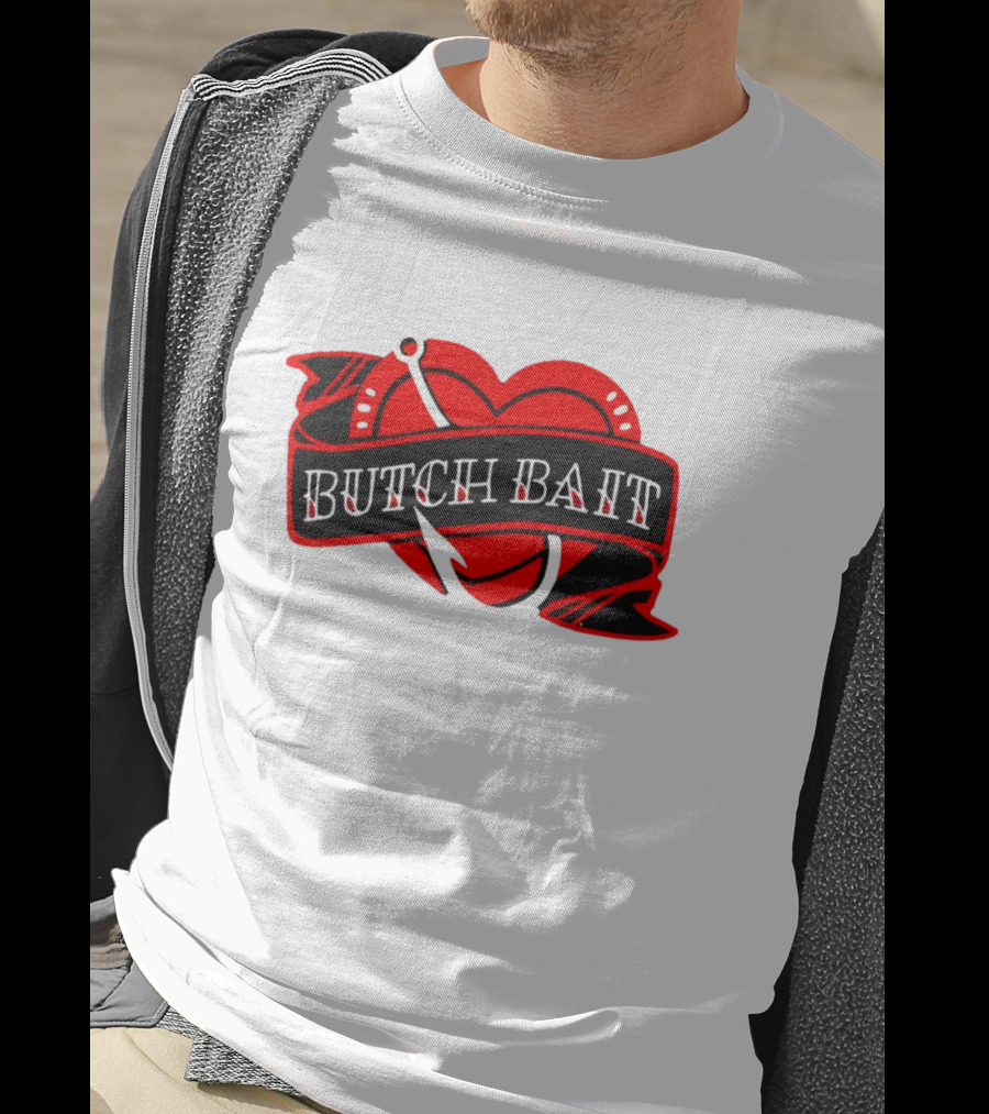 Butch Bait Heart With Fishing Hook Banner T-Shirt