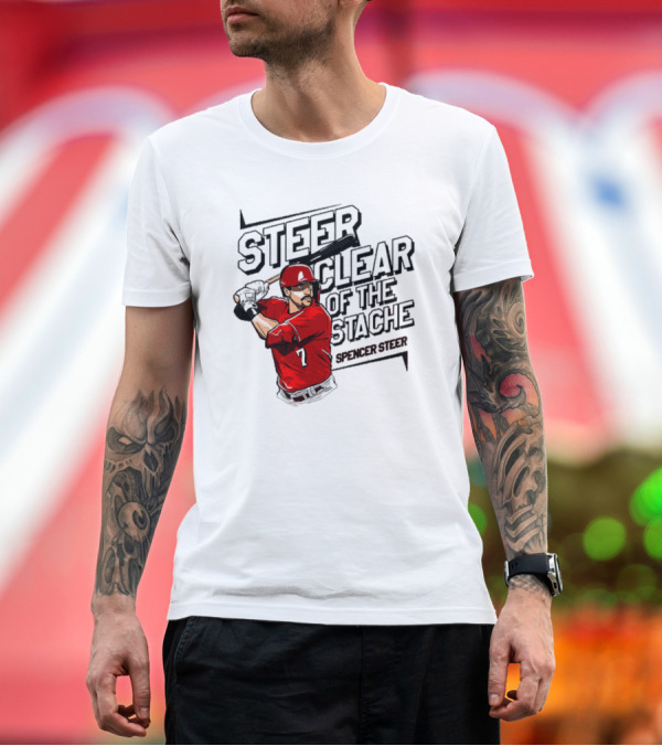 Premium T-Shirt: Spencer Steer Clear Of The Stache Baseball Player Illustration with Red Jersey and Bat T-Shirt Spencer Steer Clear Of The Stache Baseball Player Illustration with Red Jersey and Bat T-Shirt
