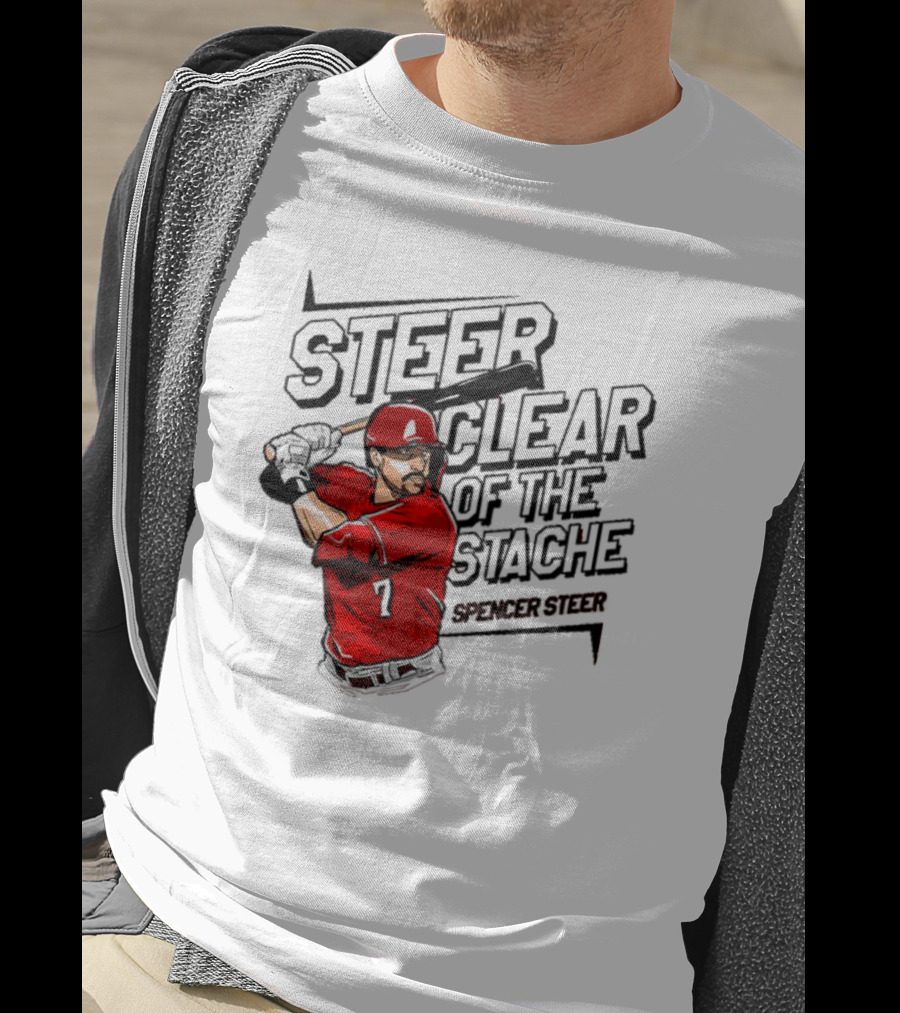 Spencer Steer Clear Of The Stache Baseball Player Illustration With Red Jersey And Bat T-Shirt