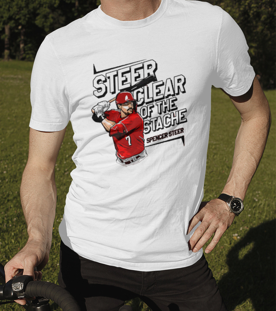Spencer Steer Clear Of The Stache Baseball Player Illustration With Red Jersey And Bat T-Shirt