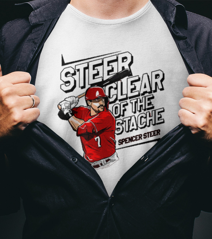 Spencer Steer Clear Of The Stache Baseball Player Illustration With Red Jersey And Bat T-Shirt