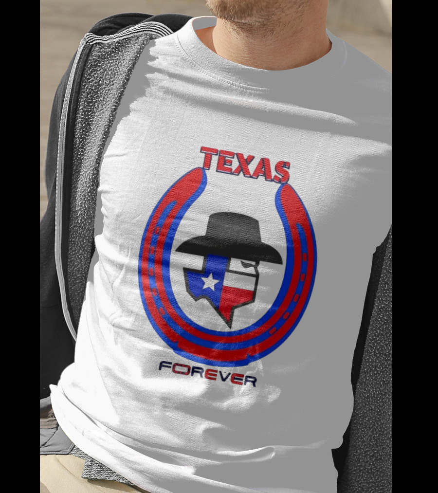 Texas Forever Lone Star Horseshoe Red Blue Cowboy Hat T-Shirt