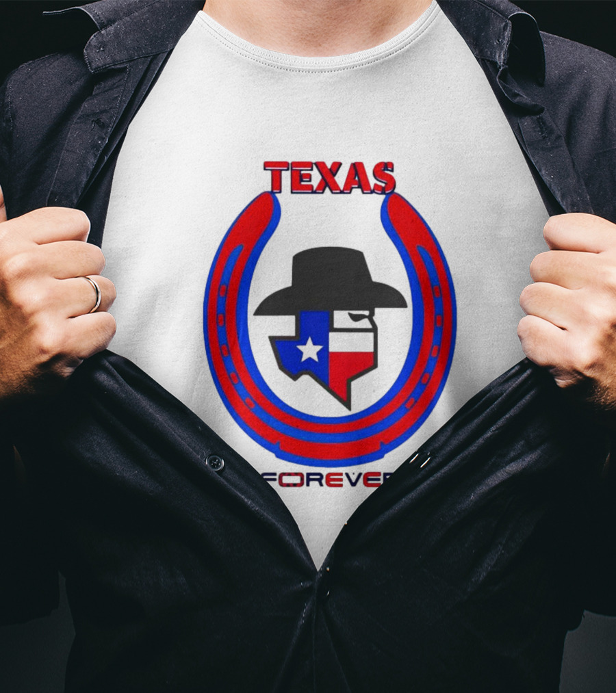 Texas Forever Lone Star Horseshoe Red Blue Cowboy Hat T-Shirt