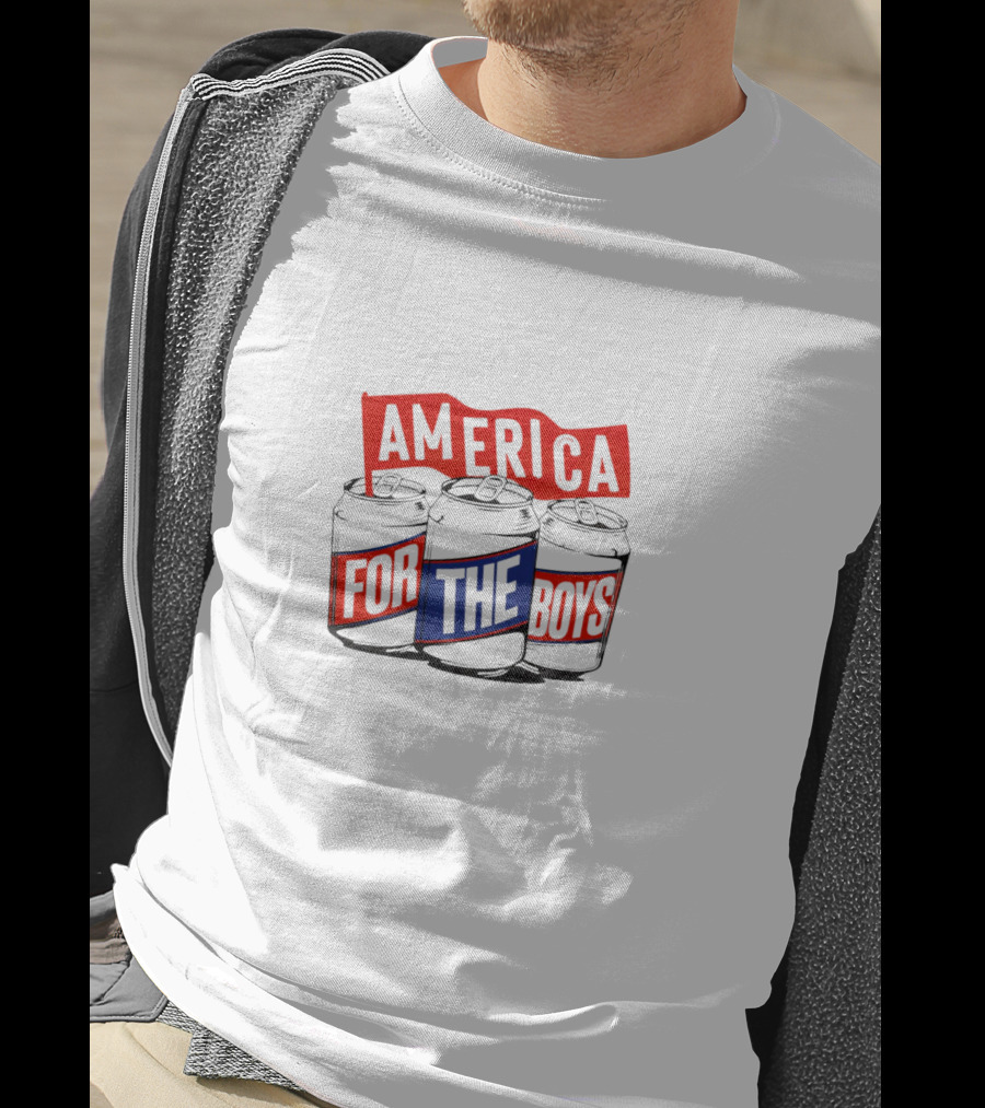 America For The Boys Beer Cans Red And Blue Text T-Shirt