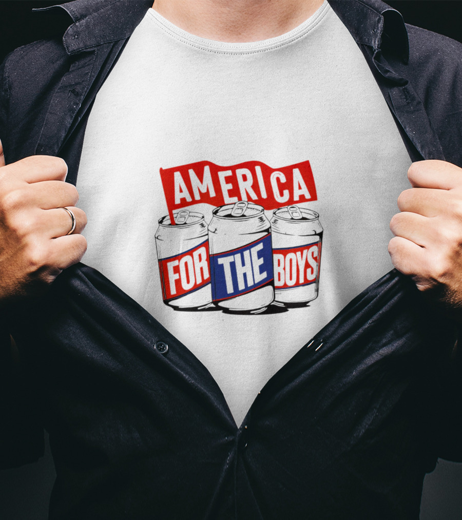 America For The Boys Beer Cans Red And Blue Text T-Shirt