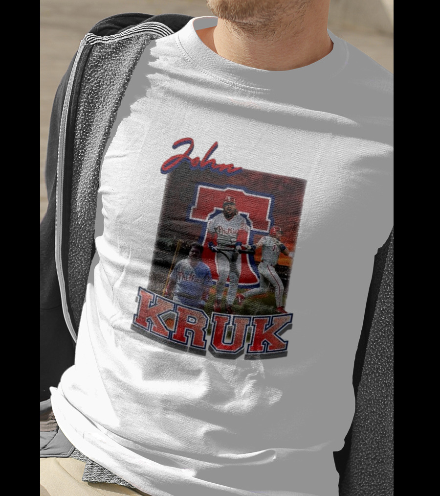 John Kruk Phillies Baseball Player Retro Style Red Blue Text T-Shirt