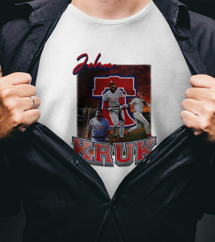 John Kruk Phillies Baseball Player Retro Style Red Blue Text T-Shirt