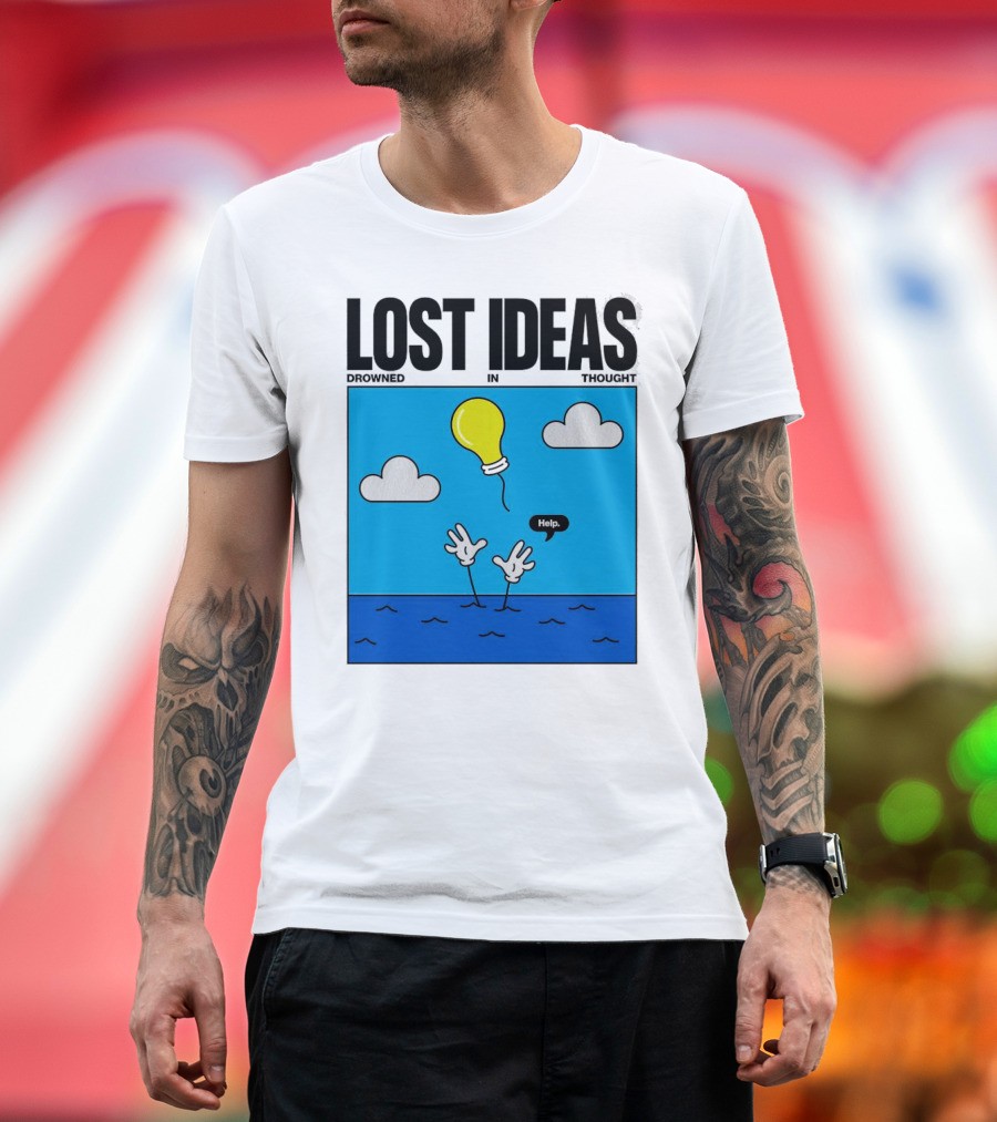 Lost Ideas Drowned in Thought Help Lightbulb Above Water Hands Clouds T-Shirt