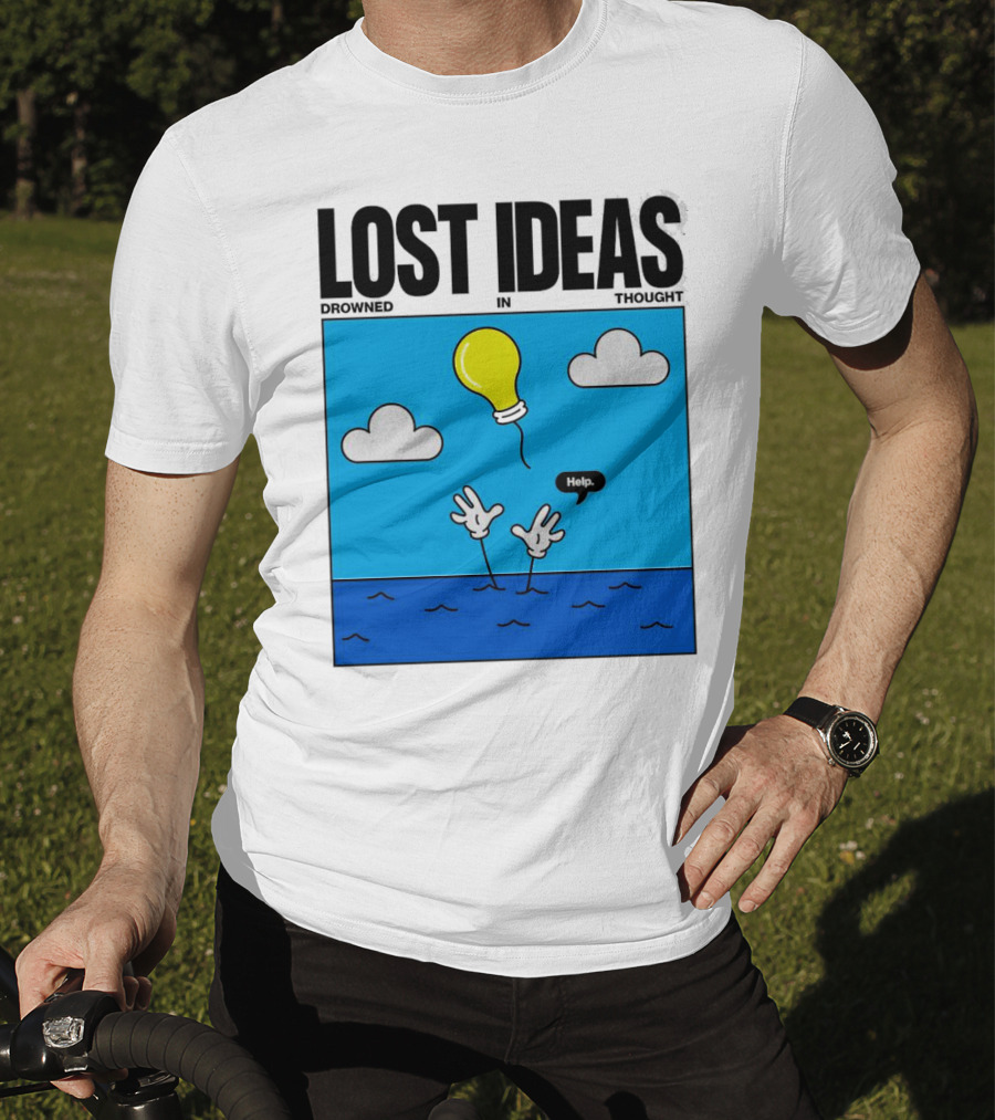 Lost Ideas Drowned In Thought Help Lightbulb Above Water Hands Clouds T-Shirt