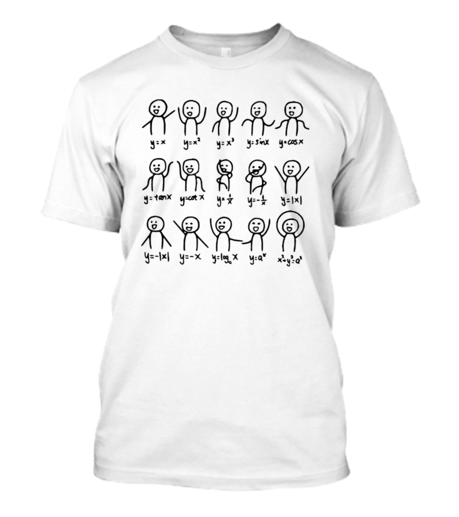 Math Stick Figures With Graphical Equations Y=x Y=x² Y=x³ Y=sin X Y=cos X Y=+tan X Y=cot X Y=√x Y=-√x Y= T-Shirt