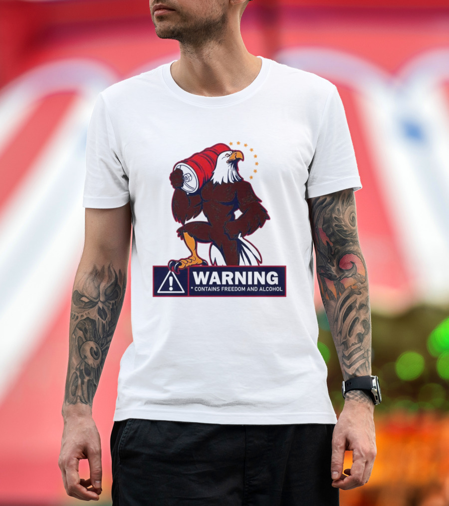 Warning Eagle Contains Freedom and Alcohol Symbol with Barrel and Stars T-Shirt