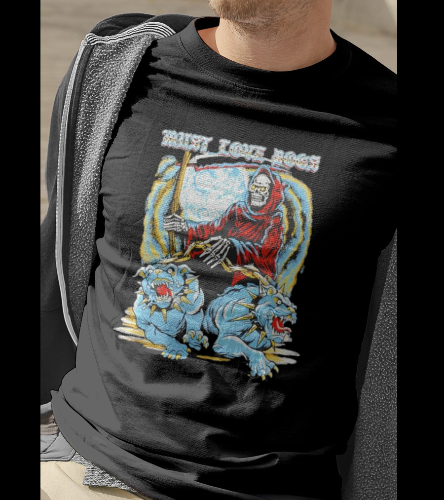 Must Love Dogs Skeleton Grim Reaper With Fierce Blue Dogs T-Shirt