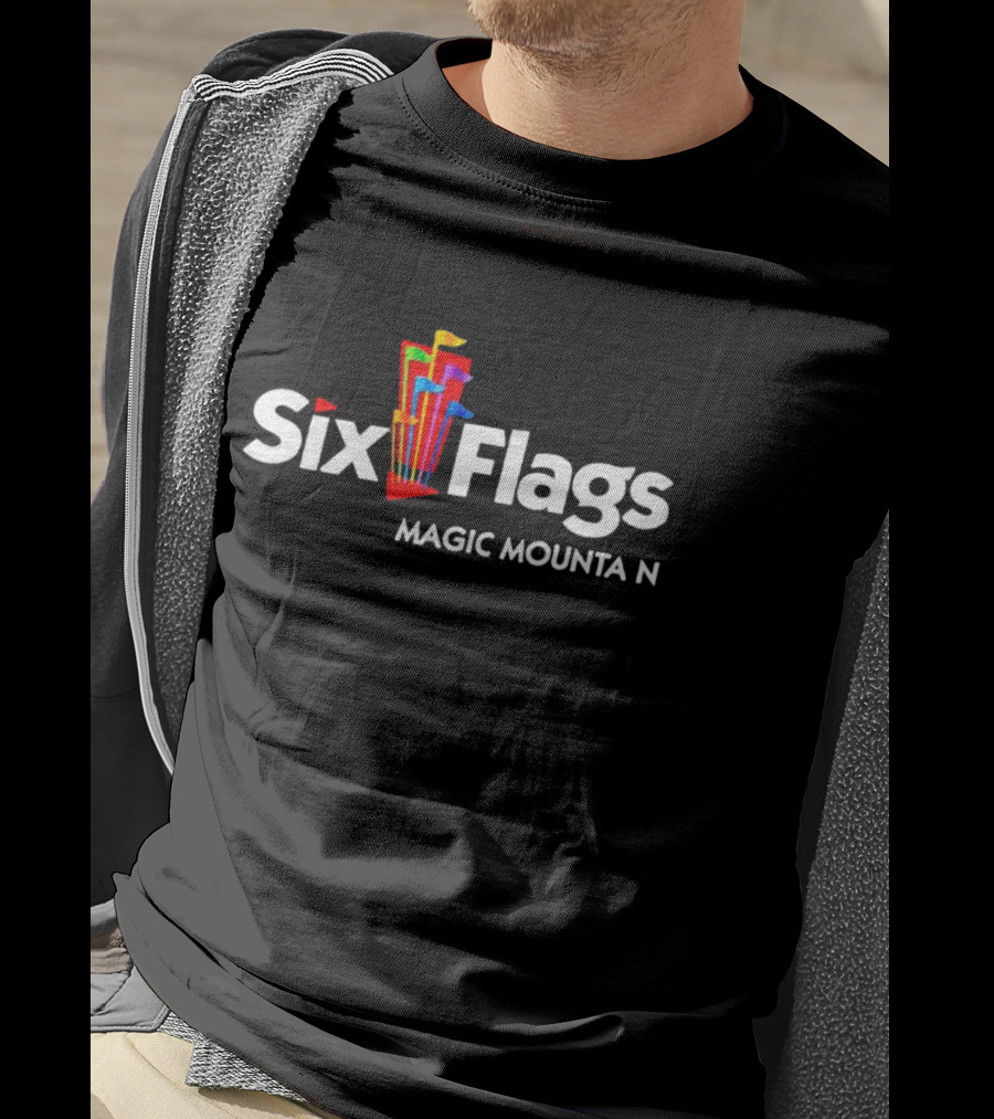 Six Flags Magic Mountain Logo With Colorful Flags T-Shirt