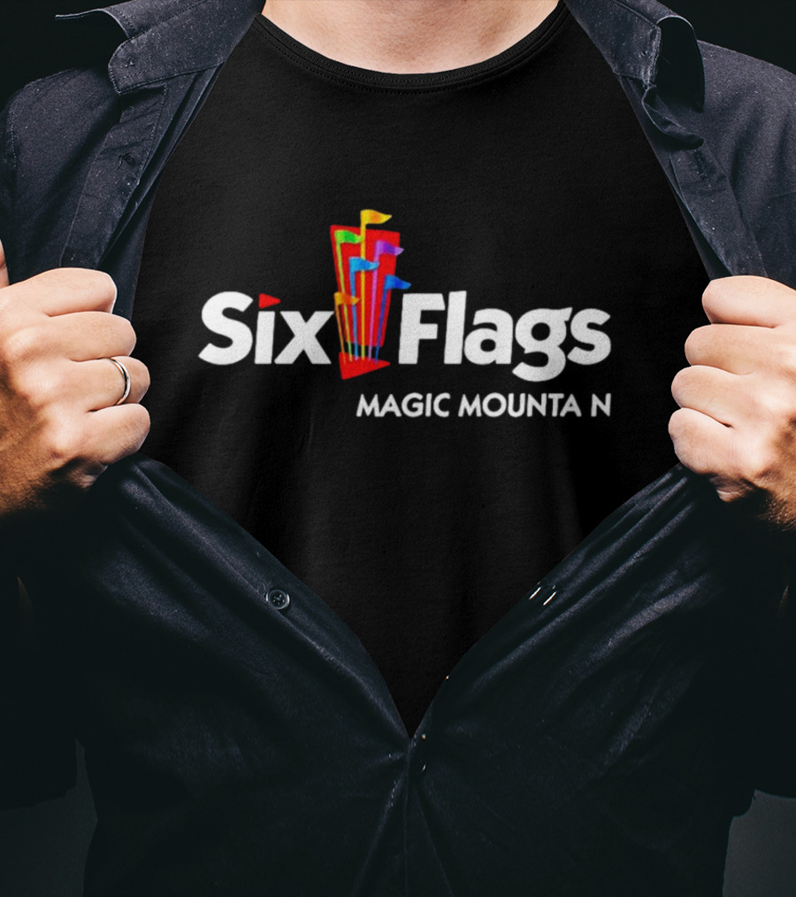 Six Flags Magic Mountain Logo With Colorful Flags T-Shirt