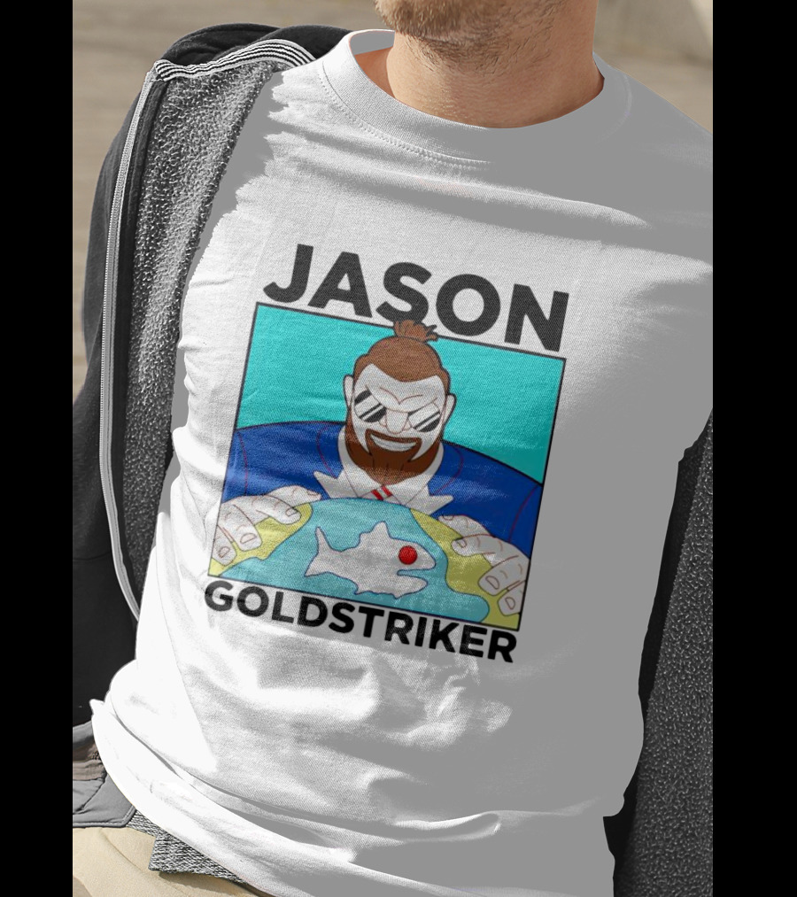 JASON GOLDSTRIKER Bold Character Holding Map With Red Marker T-Shirt
