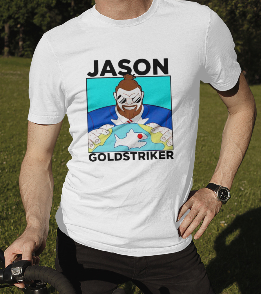 JASON GOLDSTRIKER Bold Character Holding Map With Red Marker T-Shirt