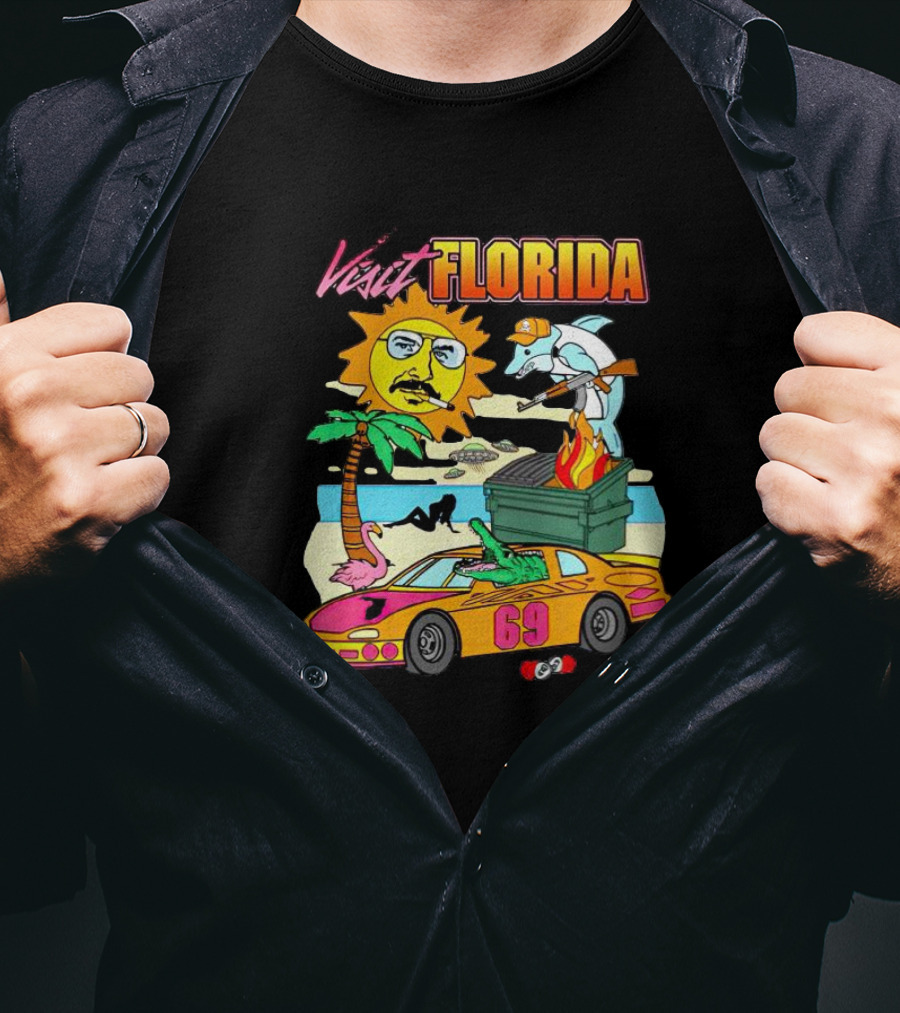 Visit Florida Beach Car Alligator Sun Dolphin Racing Fun T-Shirt
