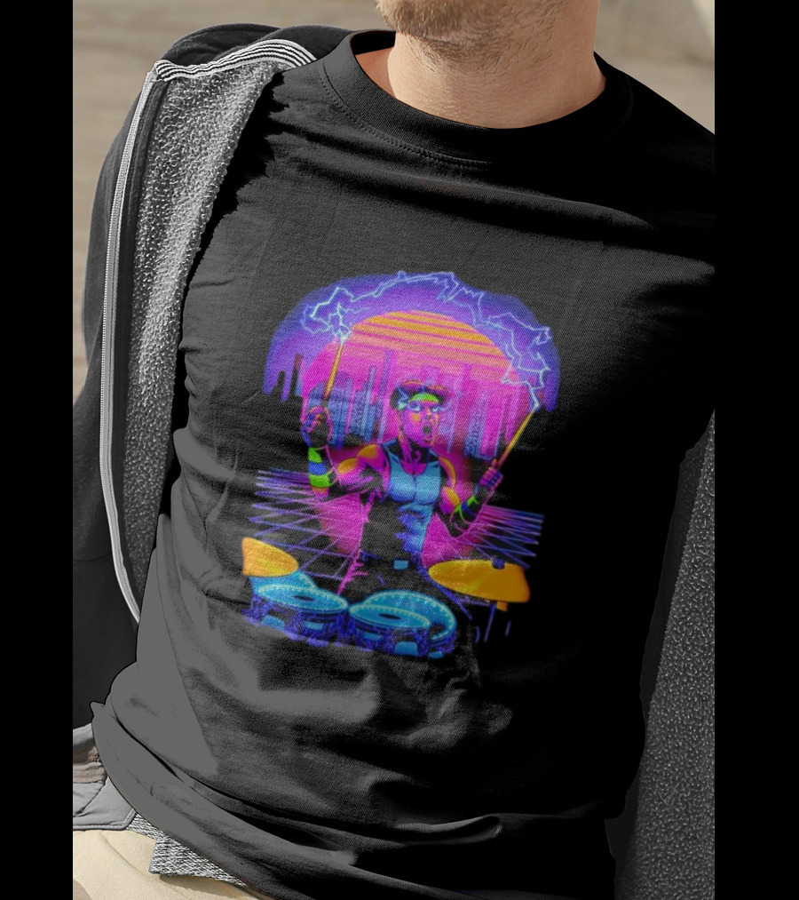 Drumatron Neon City Electric Drummer In Retro Futuristic Skyline T-Shirt