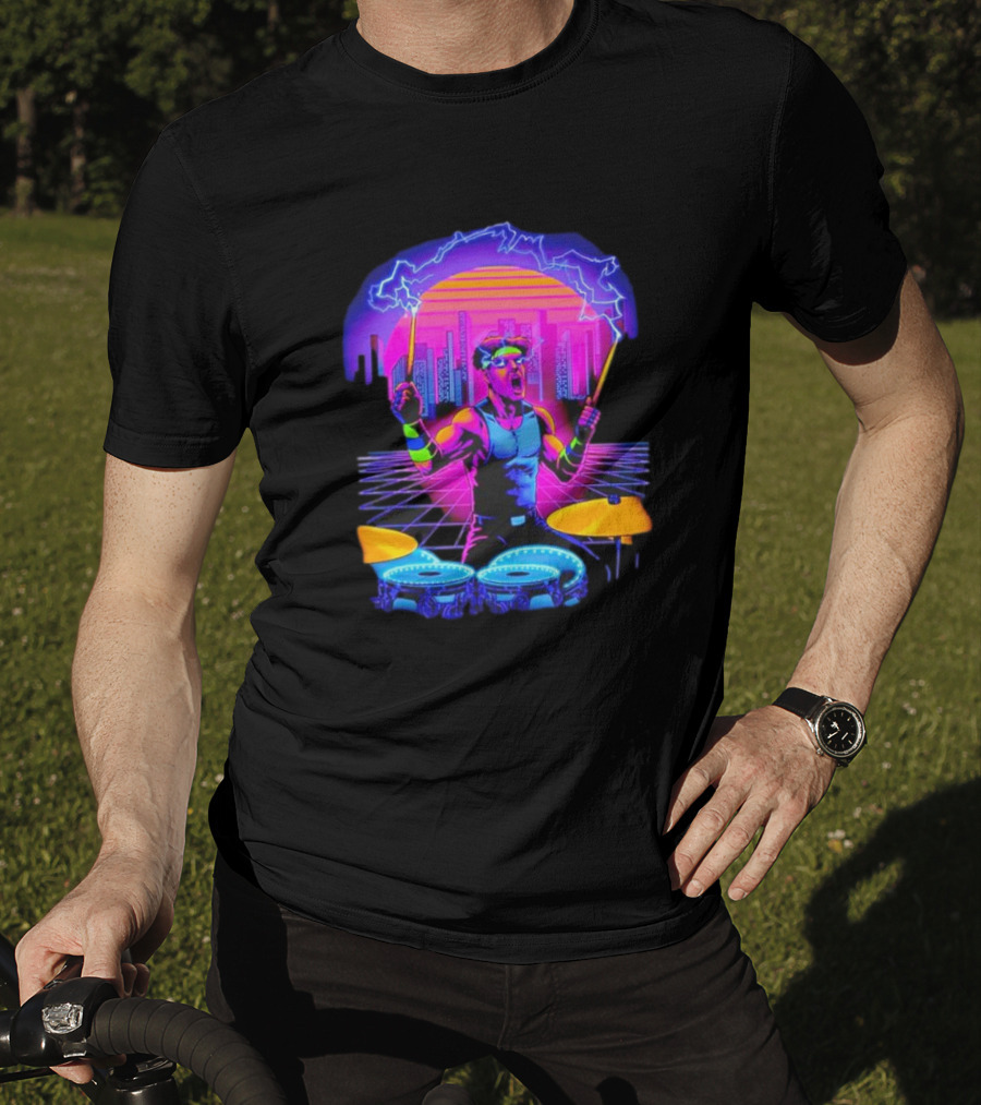 Drumatron Neon City Electric Drummer In Retro Futuristic Skyline T-Shirt