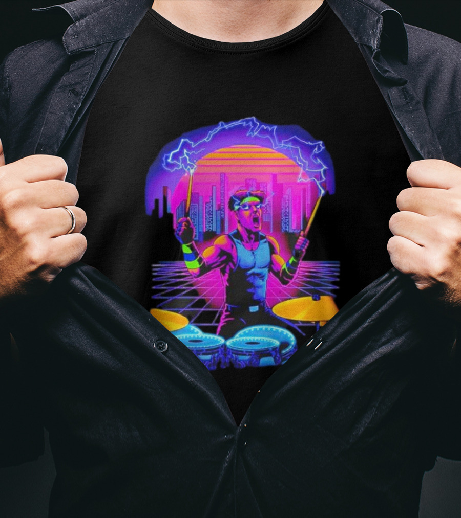 Drumatron Neon City Electric Drummer In Retro Futuristic Skyline T-Shirt