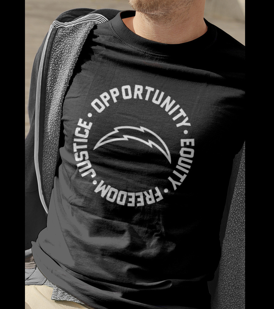 Justice Opportunity Equity Freedom Chargers Bolt T-Shirt