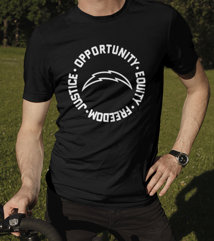 Justice Opportunity Equity Freedom Chargers Bolt T-Shirt