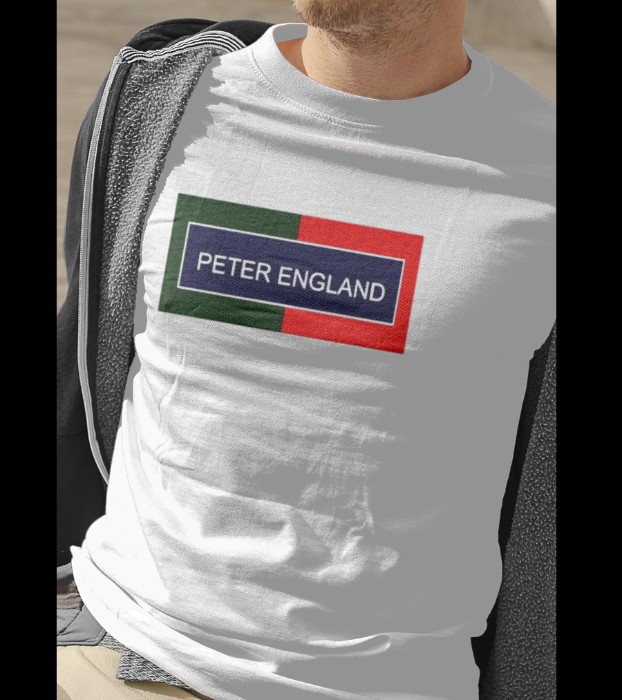 PETER ENGLAND Black Background Rectangular Logo With Green And Red Blocks T-Shirt