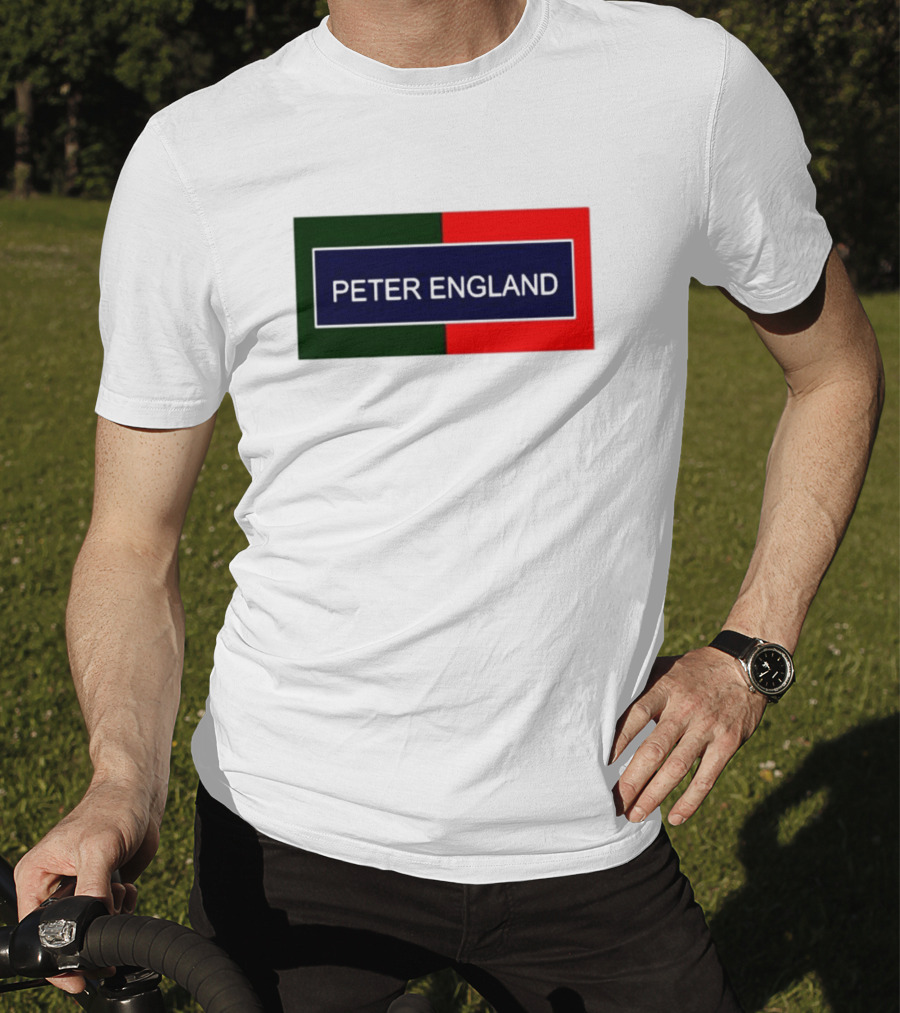 PETER ENGLAND Black Background Rectangular Logo With Green And Red Blocks T-Shirt