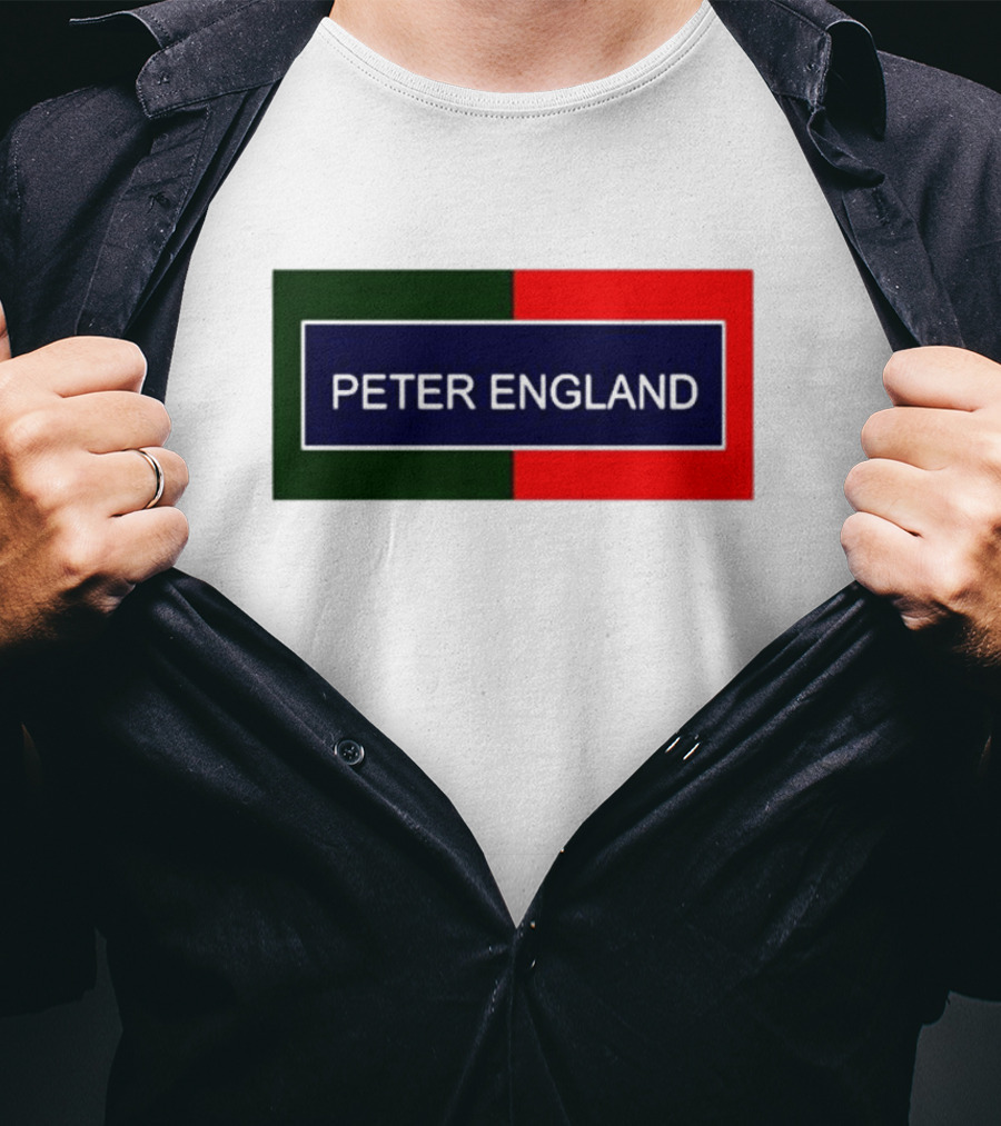 PETER ENGLAND Black Background Rectangular Logo With Green And Red Blocks T-Shirt