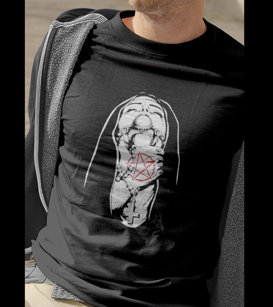 Nun In Chains With Rosary And Red Pentagram T-Shirt