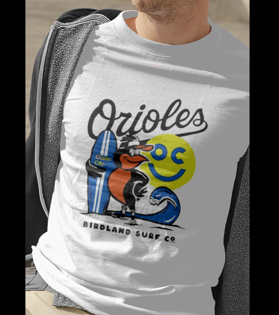 Orioles Ocean City Birdland Surf Co Smiley Surfboard Wave T-Shirt