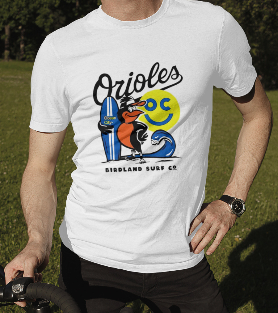 Orioles Ocean City Birdland Surf Co Smiley Surfboard Wave T-Shirt