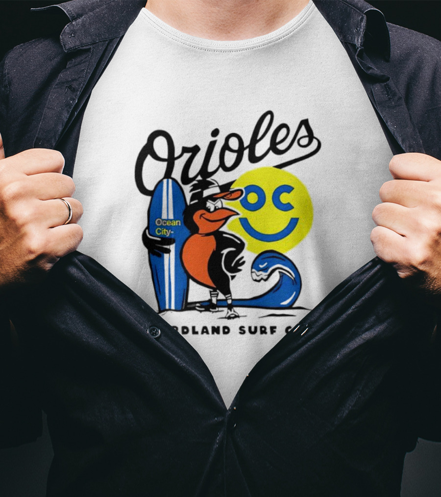 Orioles Ocean City Birdland Surf Co Smiley Surfboard Wave T-Shirt
