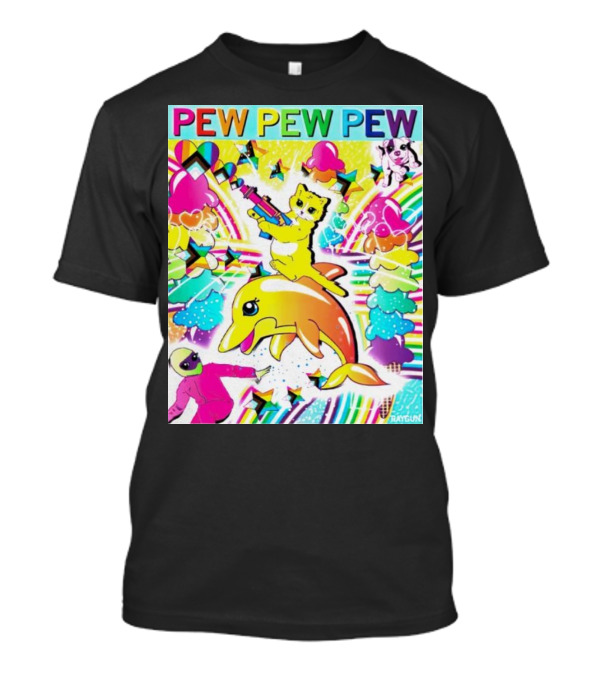 Pew Pew Pew Rainbow Cat Riding Dolphin With Stars And Hearts T-Shirt
