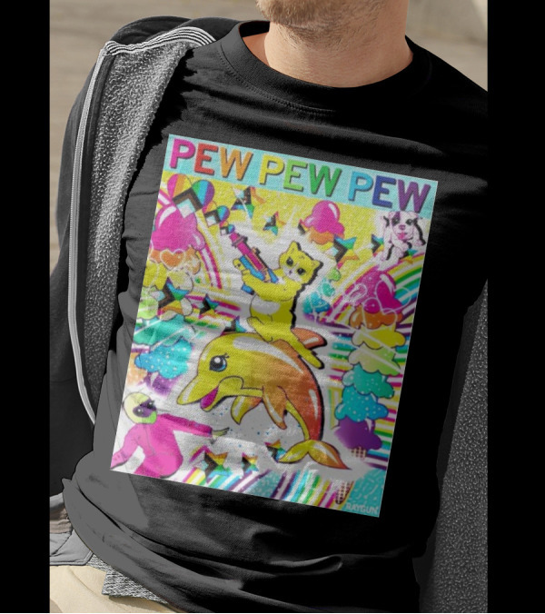 Pew Pew Pew Rainbow Cat Riding Dolphin With Stars And Hearts T-Shirt