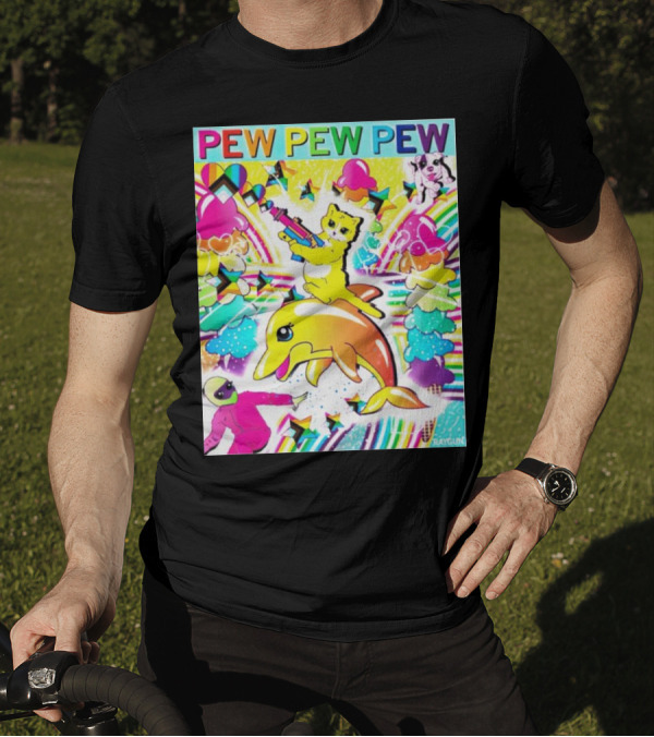 Pew Pew Pew Rainbow Cat Riding Dolphin With Stars And Hearts T-Shirt