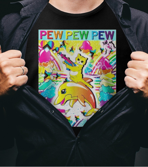 Pew Pew Pew Rainbow Cat Riding Dolphin With Stars And Hearts T-Shirt