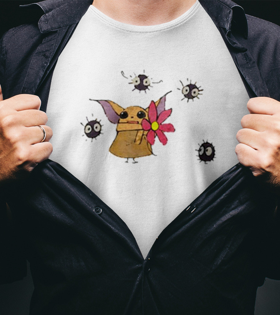 Star Wars Baby Yoda With Flower And Ghibli Soot Sprites T-Shirt