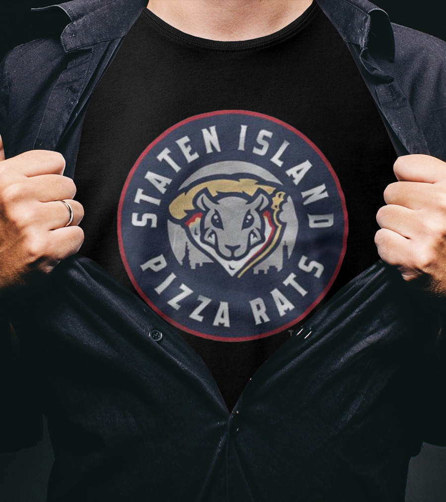 Staten Island Pizza Rats Circular Emblem With Rat And City Skyline T-Shirt
