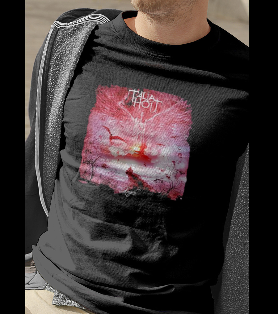 Talia Hoit Angel Red Winged Figure With Birds And Sunset T-Shirt