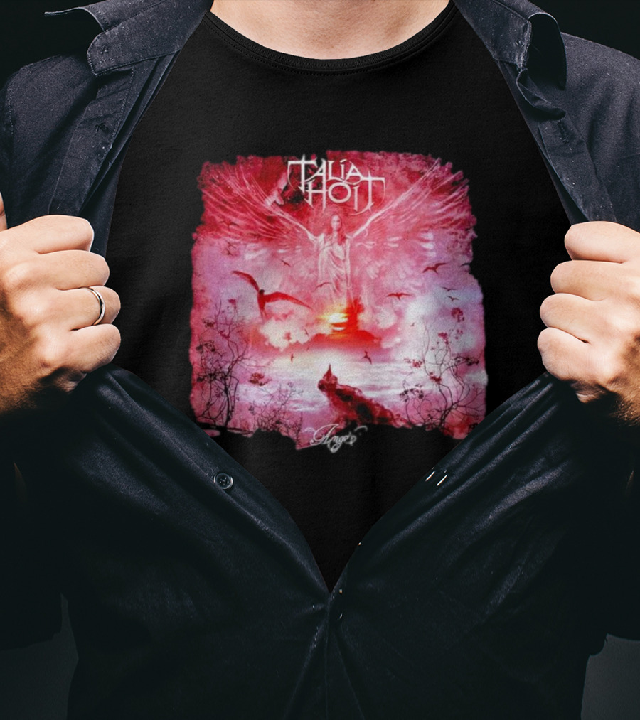 Talia Hoit Angel Red Winged Figure With Birds And Sunset T-Shirt