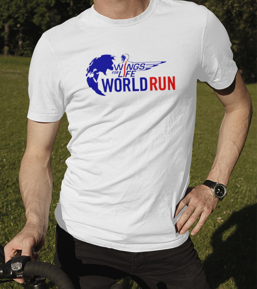 Wings For Life World Run Blue And Red Globe And Wings T-Shirt