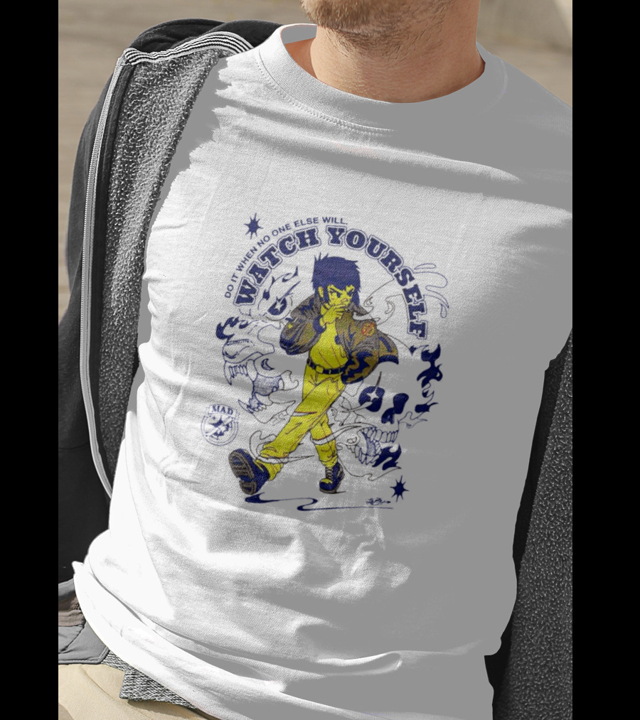 Watch Yourself Do It When No One Else Will Retro Style Blue And Yellow Walking Character T-Shirt