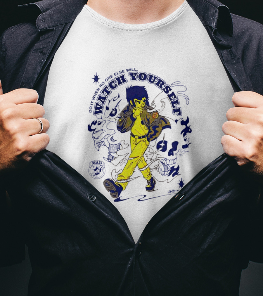 Watch Yourself Do It When No One Else Will Retro Style Blue And Yellow Walking Character T-Shirt