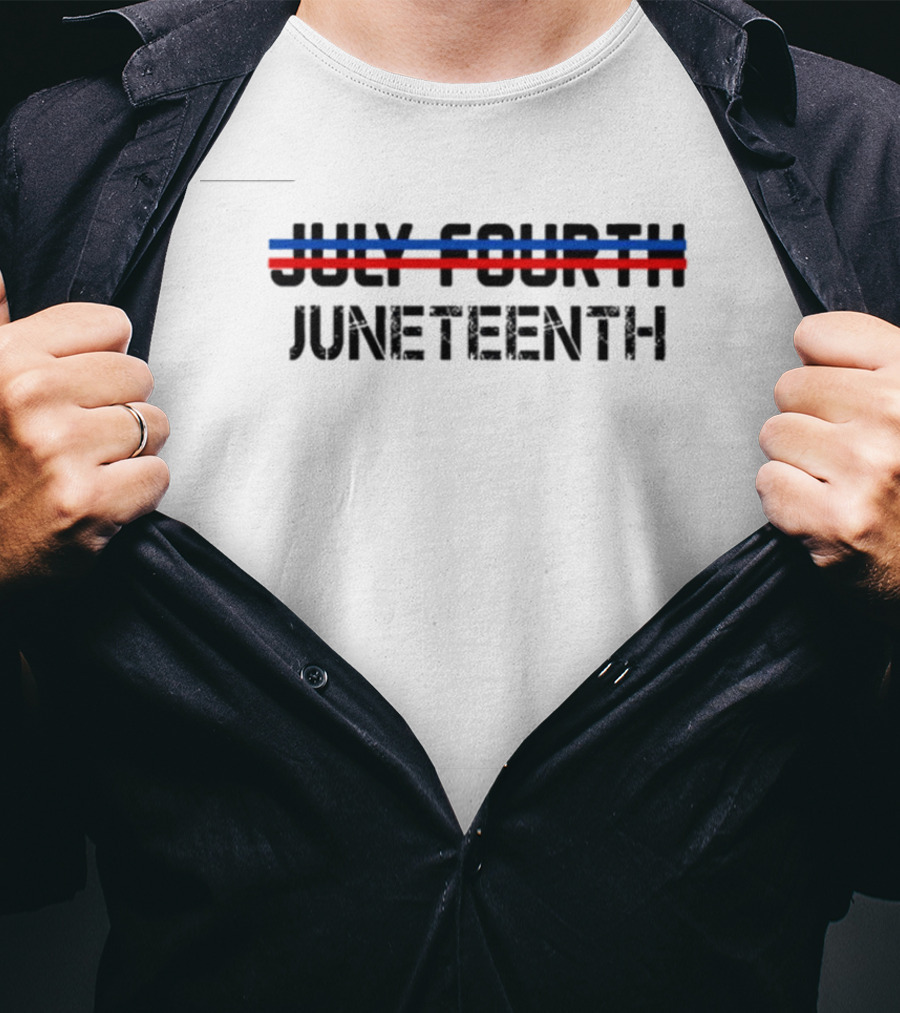 July Fourth Strikethrough With Juneteenth Text And Red Blue Lines T-Shirt