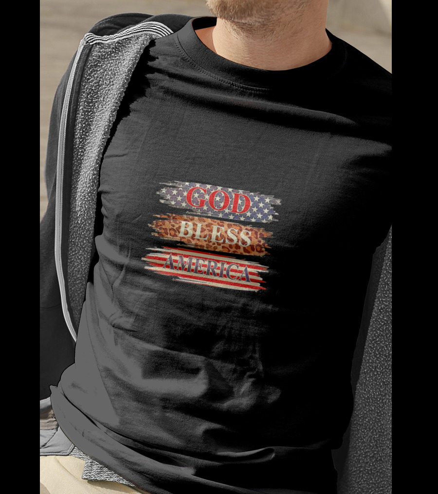 God Bless America Stars Stripes Leopard Print T-Shirt