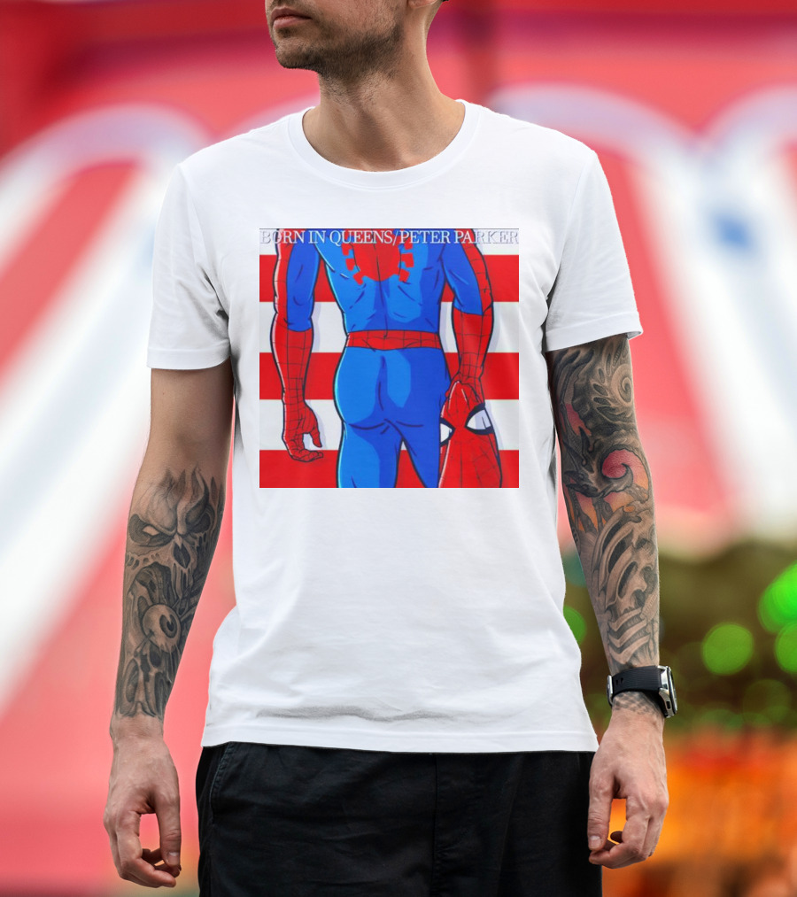 Born in Queens Peter Parker Spider-Man Holding Mask with Red and White Stripes T-Shirt